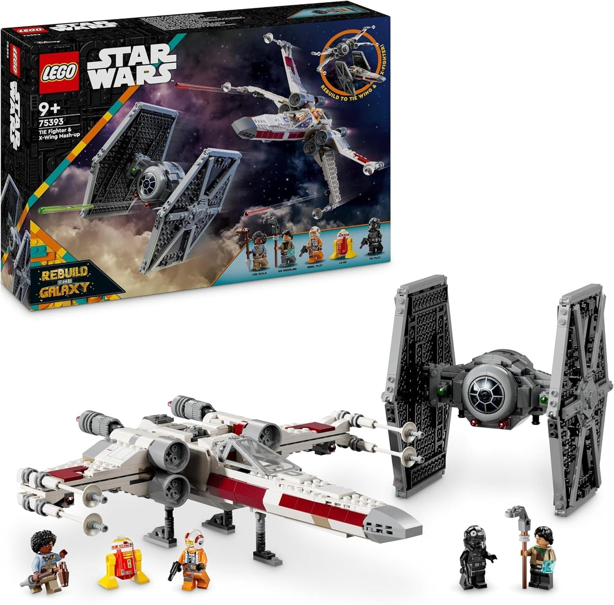 Star Wars TIE Fighter & X-Wing Mash-Up Set, Starfighter Building Toy for 9 plus Year Old Kids, Vehicles with 4 Minifigures and a Droid Figure, Creative Gift for Boys, Girls and Fans 75393