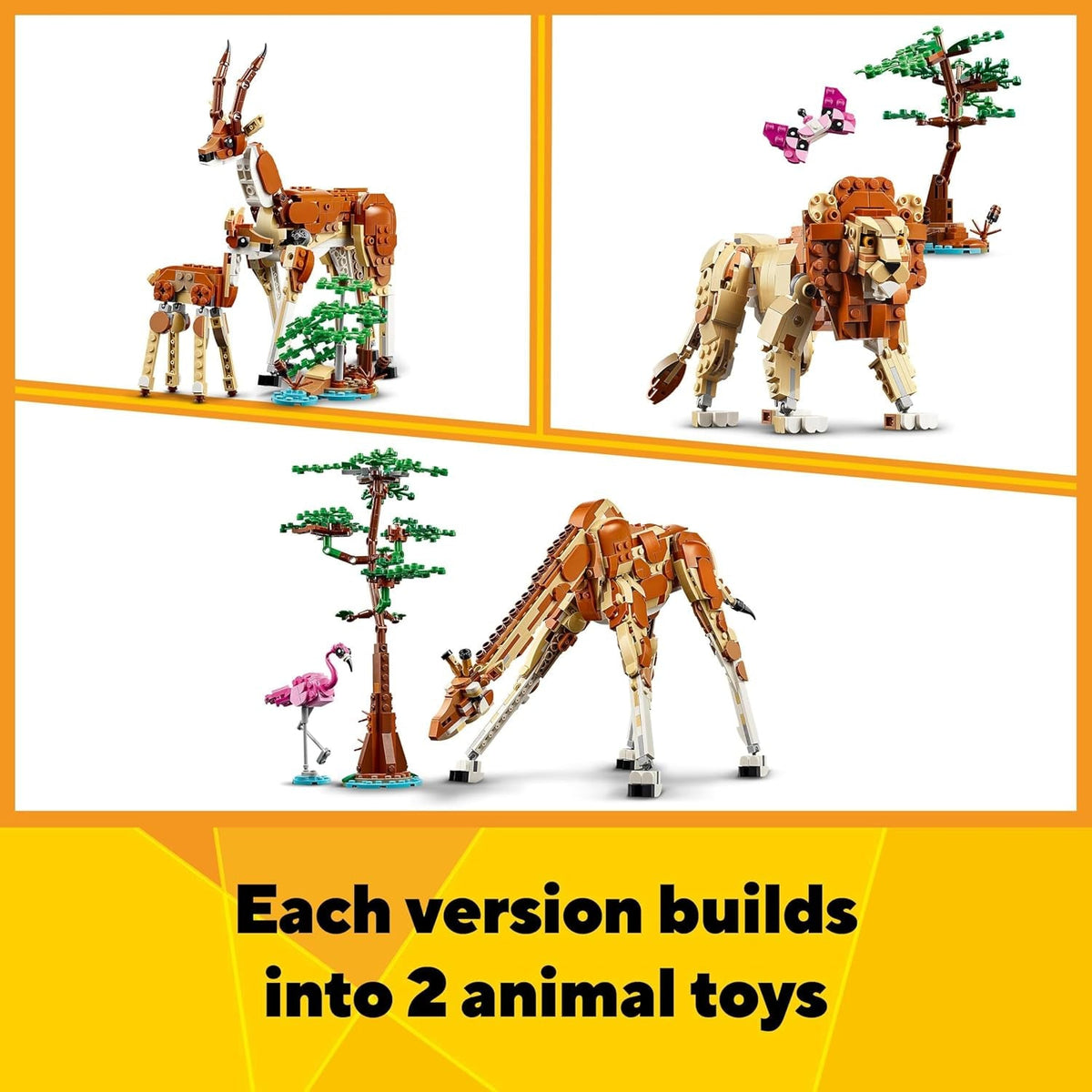 Creator 3In1 Wild Safari Animals, Giraffe Toy to Gazelle Figures to Lion Model, Set for Kids, Girls & Boys Aged 9 Plus, Includes Flamingo and Butterfly, Nature Gifts for Imaginative Play 31150