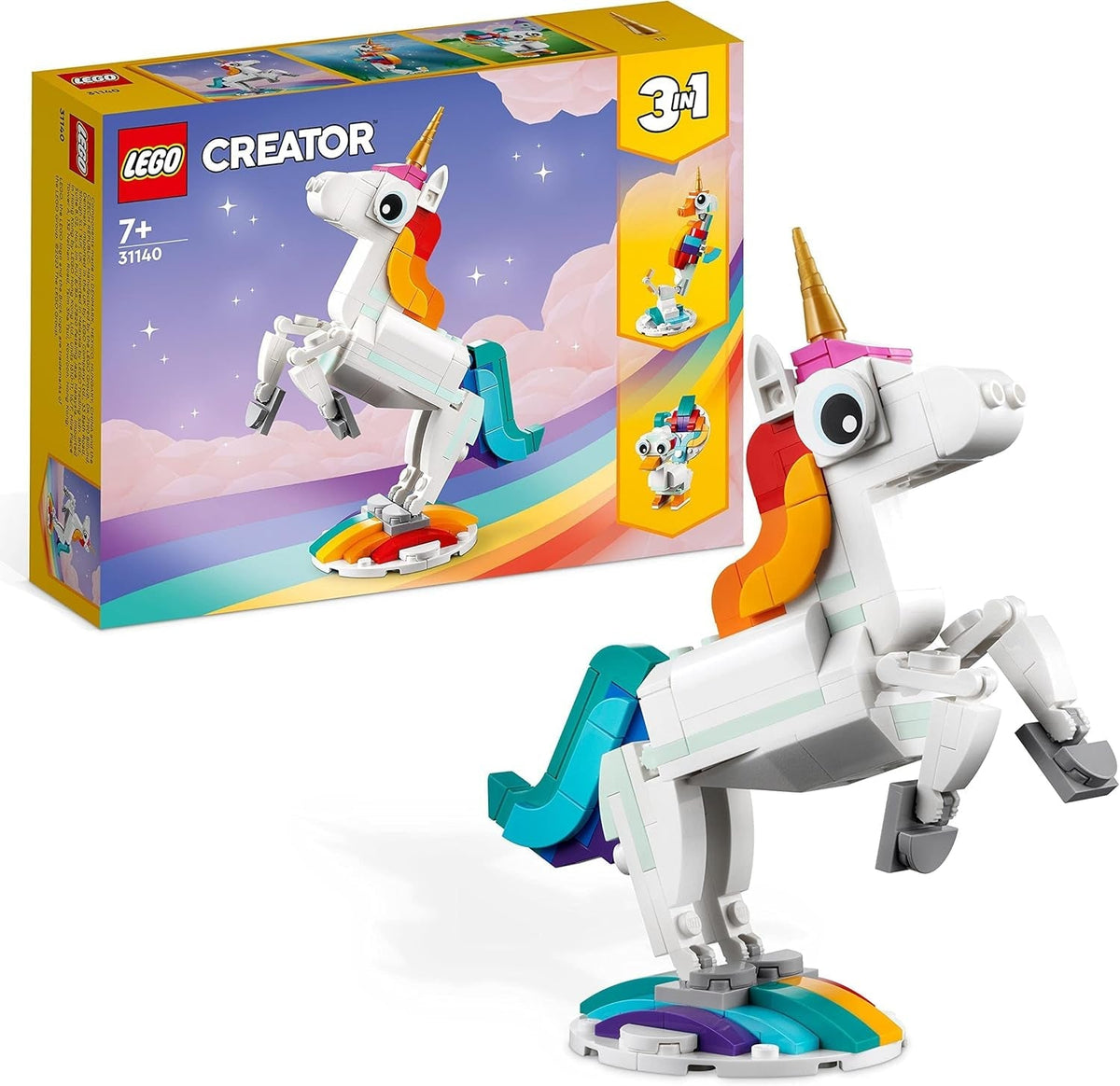 31140 Creator 3 in 1 Magical Unicorn Toy to Seahorse to Peacock, Rainbow Animal Figures, Unicorn Gift for Girls and Boys, Buildable Toys