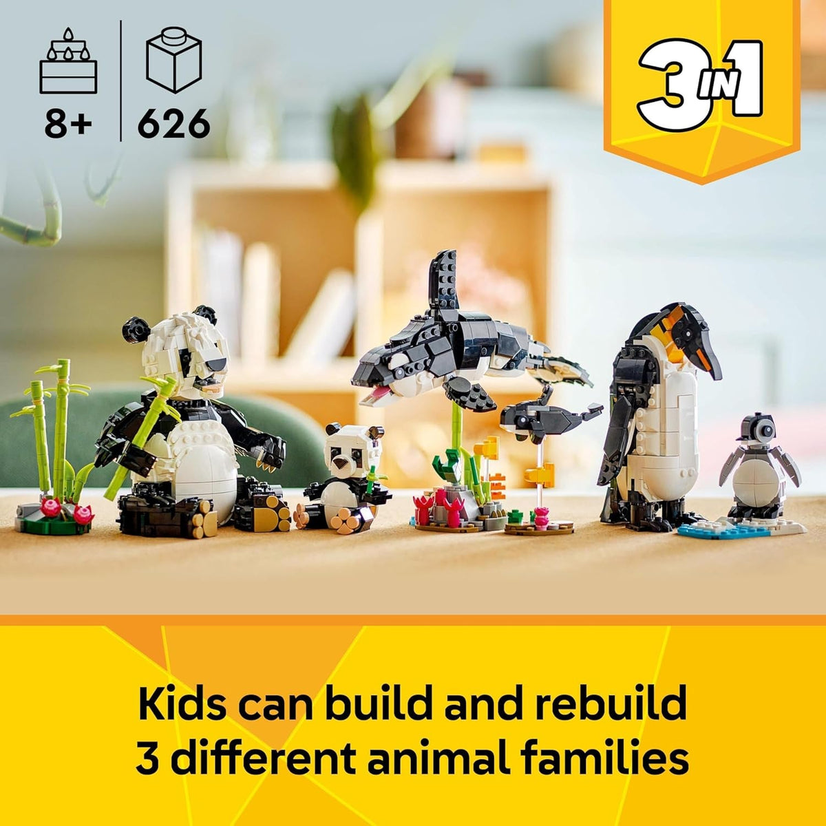 Creator 3In1 Wild Animals: Panda Family Toy - Transforms into Penguin Figures or Orca Whale Toys - Building Set for Nature-Loving 8+ Year Old Girls & Boys - Creative Birthday Gift - 31165