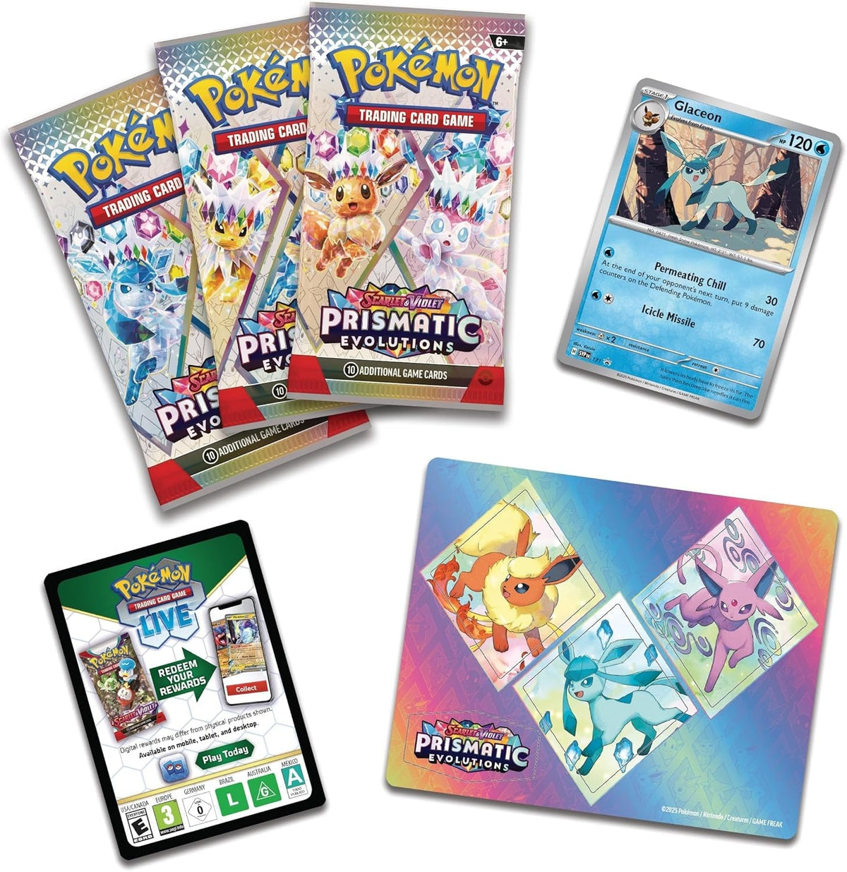 TCG: Scarlet & Violet—Prismatic Evolutions Tech Sticker Collection – Glaceon (1 Foil Promo Card & 3 Booster Packs)