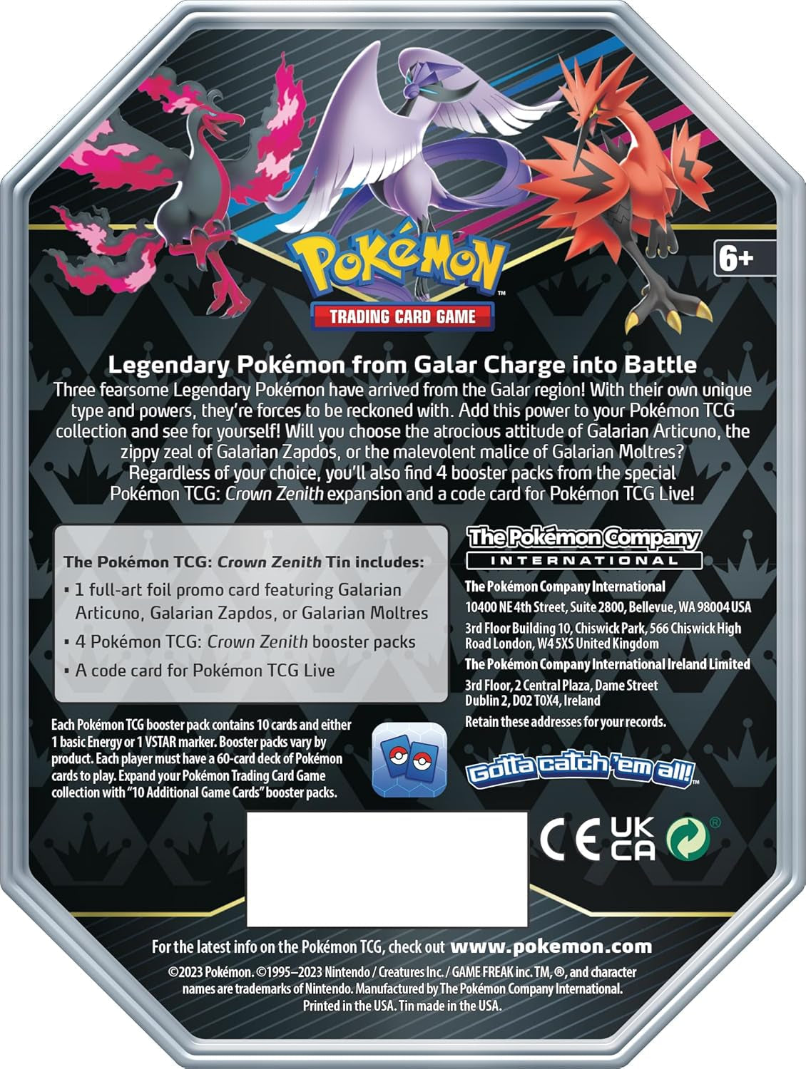 TCG: Crown Zenith Tin – Galarian Zapdos (1 Foil Card & 4 Booster Packs)