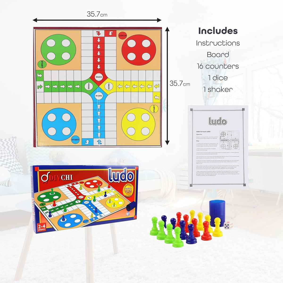 Ludo Game - Traditional Ludo Board Game Set for Kids & Adults Indoor Fun - 1 X Folding Ludo Board, 16 X Ludo Counters, 1 X Dice, 1 X Shaker - Indoor Games
