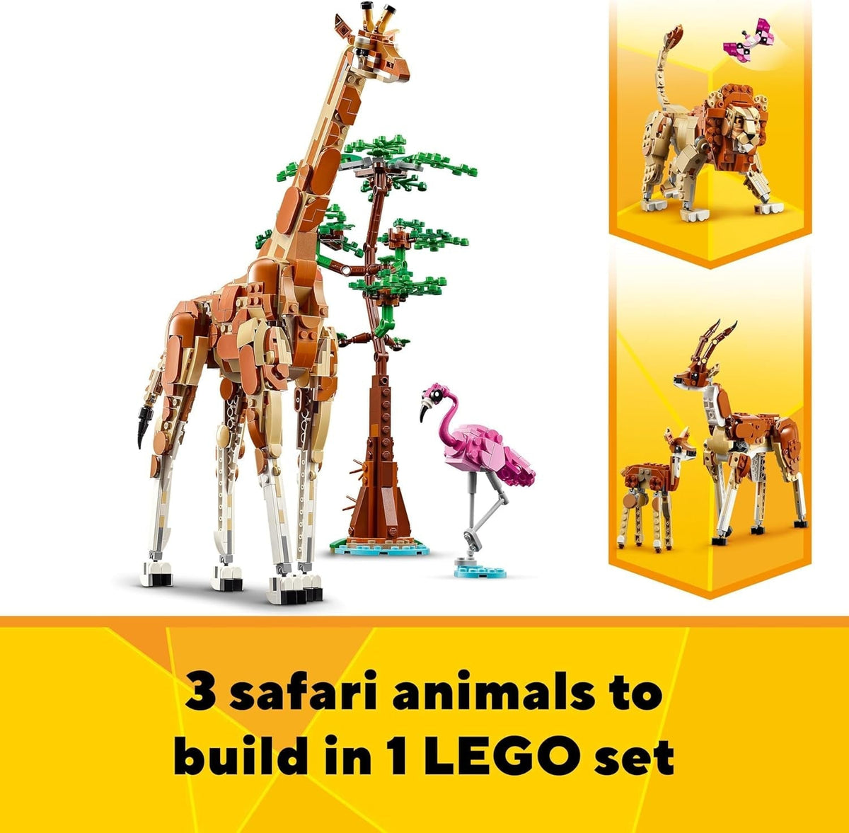 Creator 3In1 Wild Safari Animals, Giraffe Toy to Gazelle Figures to Lion Model, Set for Kids, Girls & Boys Aged 9 Plus, Includes Flamingo and Butterfly, Nature Gifts for Imaginative Play 31150