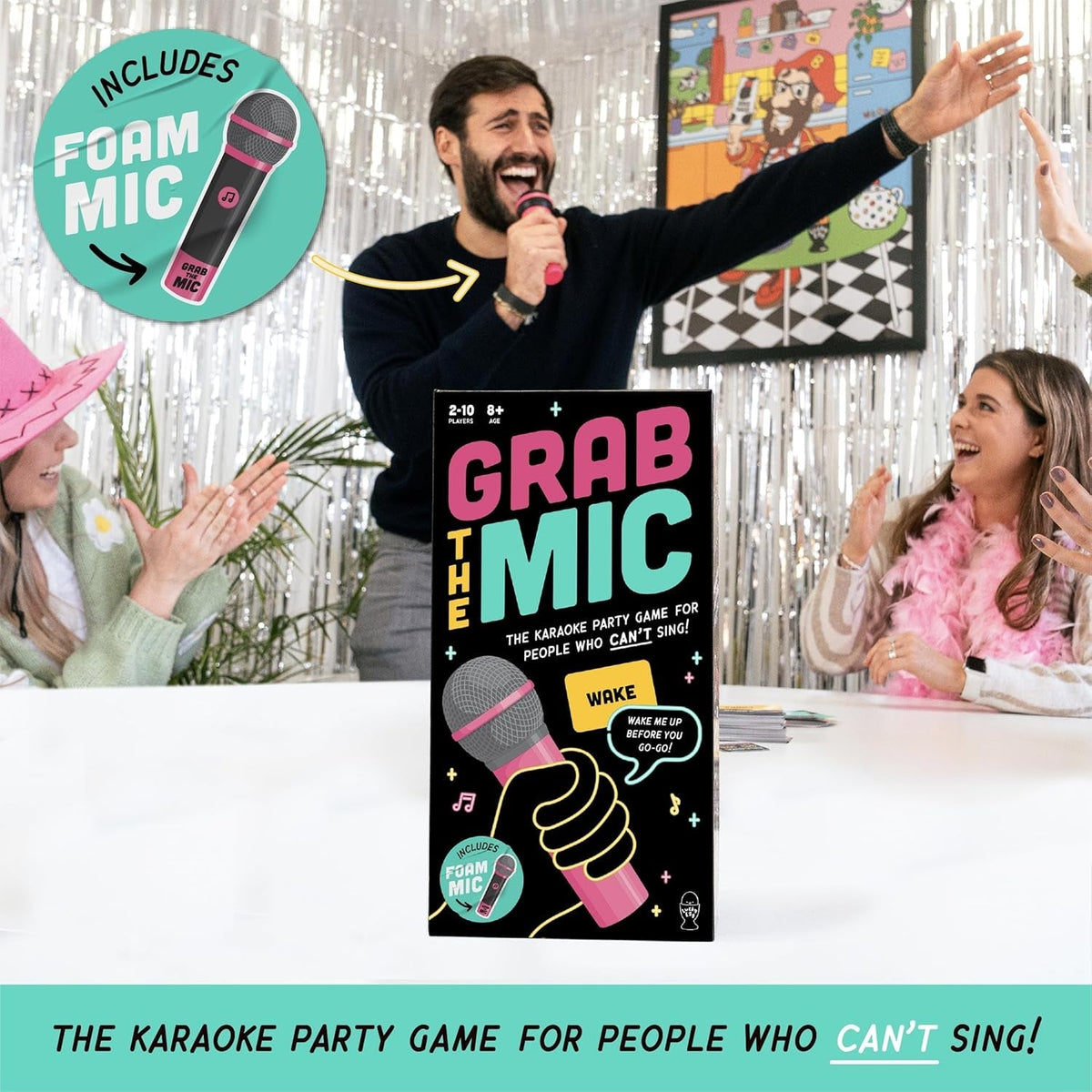 Grab the Mic - the Family Karaoke Game 8+ Year Olds, 2-10 Players - Board Game for Bad Singers - 250 Lyric Cards for Fun Hilarious Games Night, Birthday Party, Kids Gift