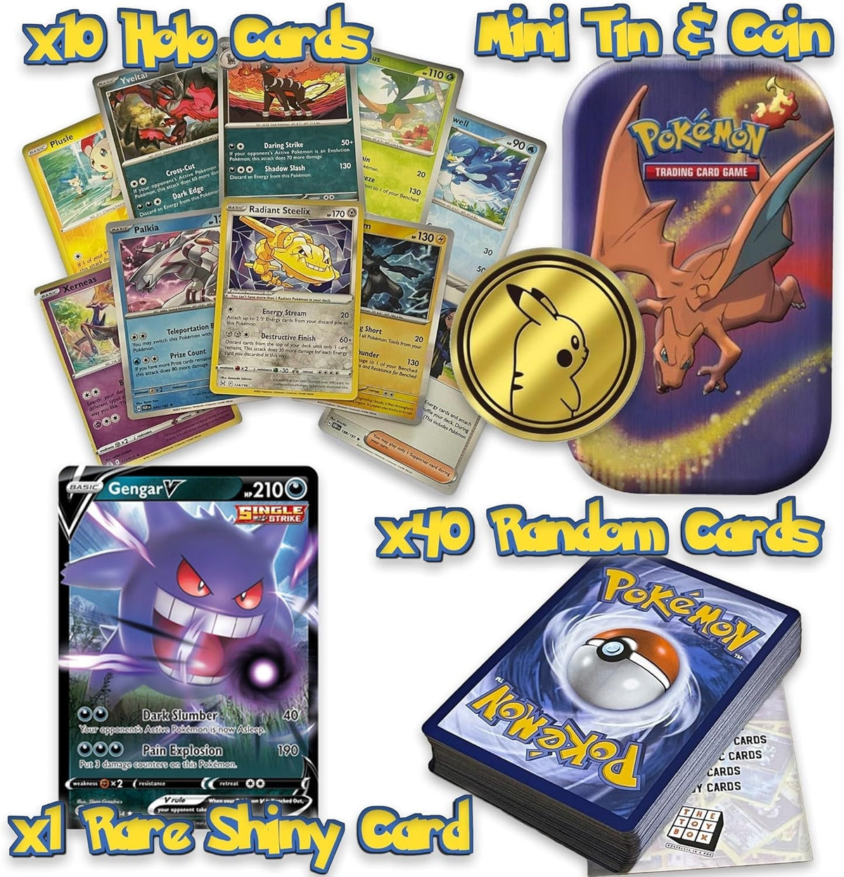 Ultimate Shiny Card Mini Tin Bundle - 50 Random Cards Guaranteed 10 Holos + 1 Rare Shiny Card + 1 Coin plus  Card Compatible with Pokemon TCG