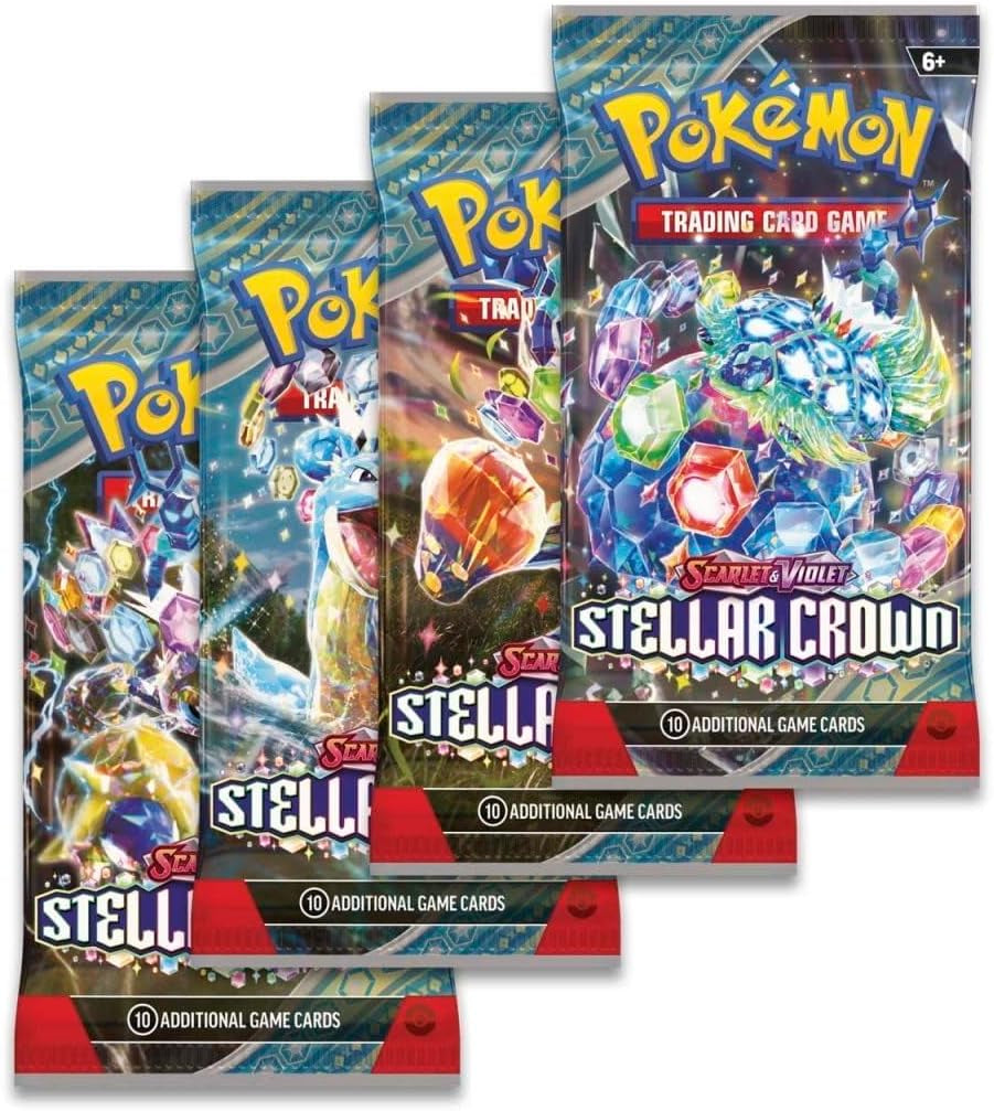 Pokémon | Pokemon TCG: Scarlet & Violet Stellar Crown Booster Packs X4 | Card Game | One of Each Art + Titancards Toploader