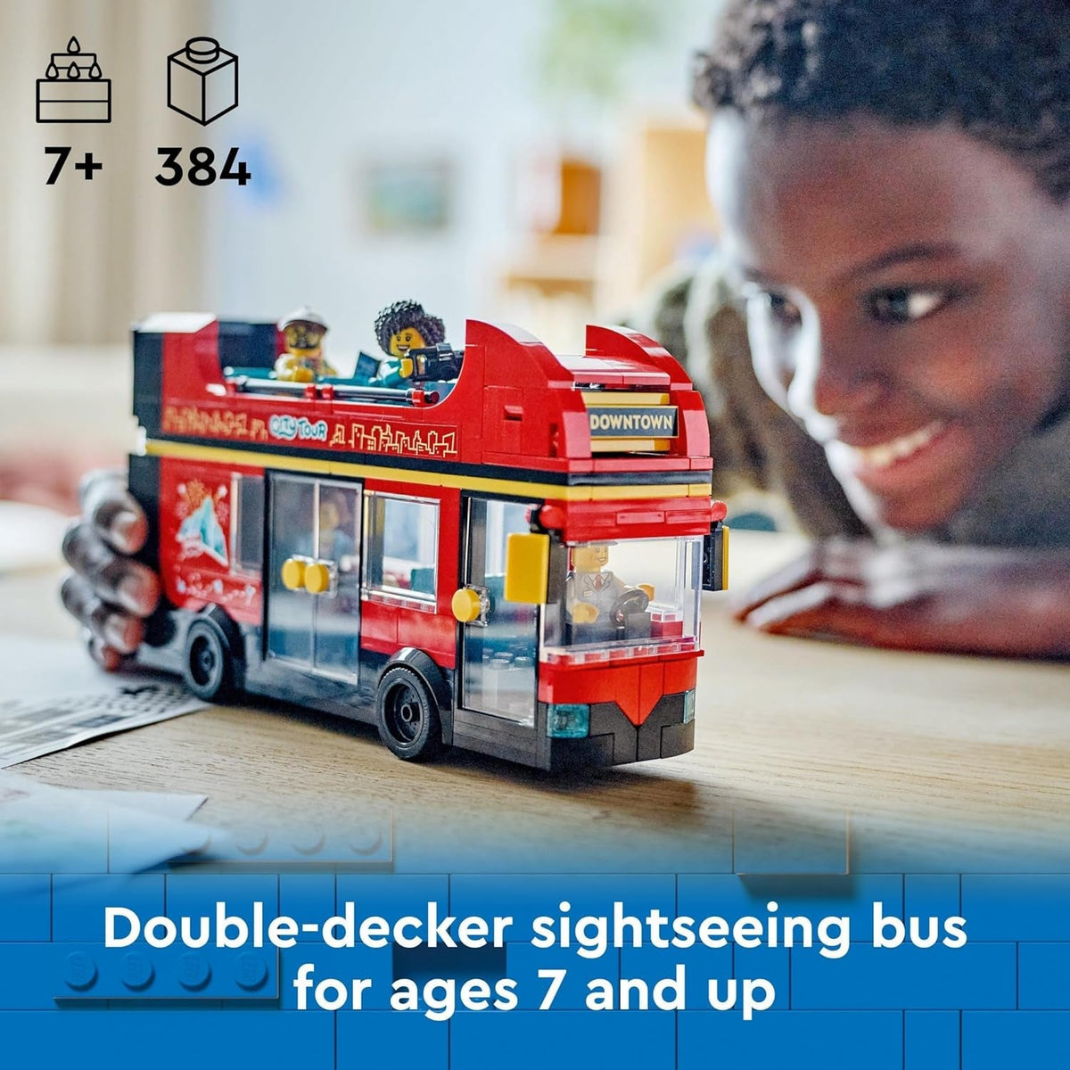 City Red Double-Decker Sightseeing Bus Toy, Red Vehicle for 7 plus Year Old Boys & Girls, Creative Set with 5 Minifigures Including a Baby and Buggy, Birthday Gift Idea 60407