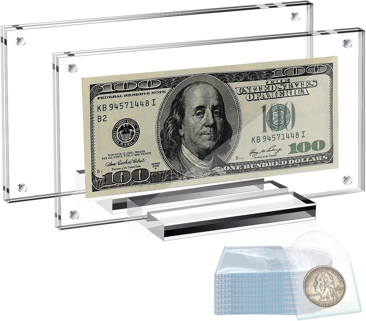 2Pcs Acrylic Dollar Bill Holder, Clear Currency Paper Money Display Frame, 7.3 X 3.4 in Dollar Bill Case with 50Pcs Single Pocket Coin Flips for Regular Bill Collectors Collections