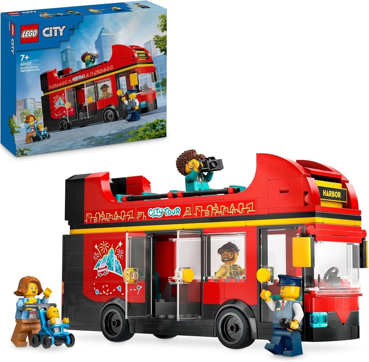 City Red Double-Decker Sightseeing Bus Toy, Red Vehicle for 7 plus Year Old Boys & Girls, Creative Set with 5 Minifigures Including a Baby and Buggy, Birthday Gift Idea 60407
