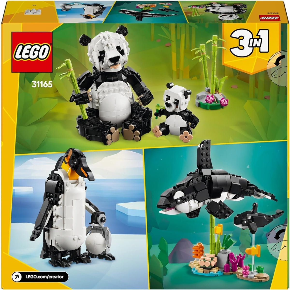 Creator 3In1 Wild Animals: Panda Family Toy - Transforms into Penguin Figures or Orca Whale Toys - Building Set for Nature-Loving 8+ Year Old Girls & Boys - Creative Birthday Gift - 31165