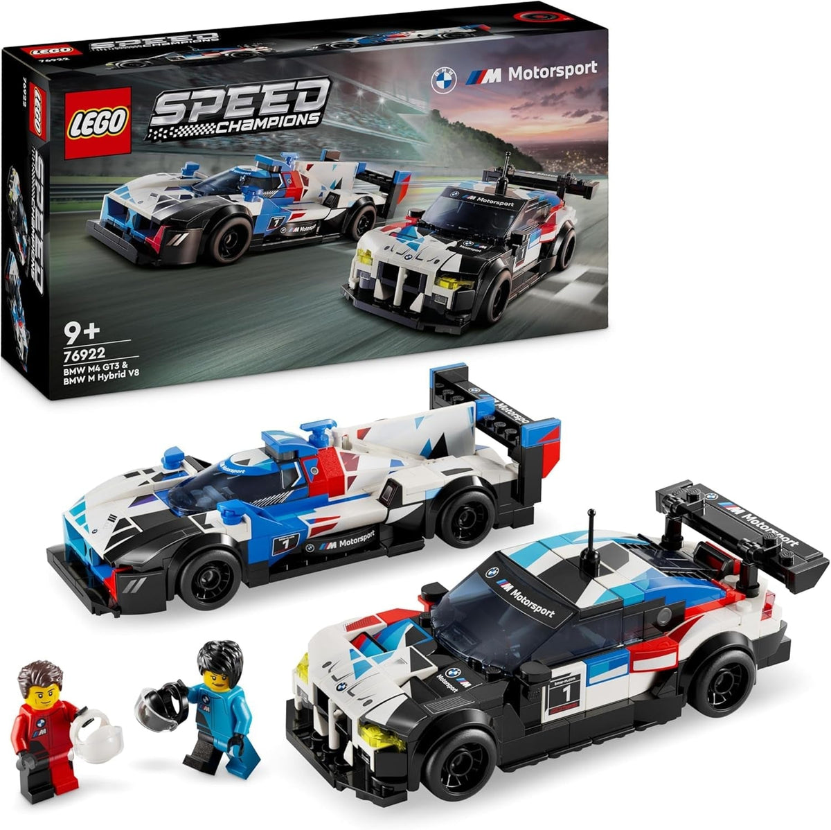 Speed Champions BMW M4 GT3 & BMW M Hybrid V8 Race Car Toys for 9 plus Year Old Boys & Girls, Buildable Model Vehicles with 2 Driver Minifigures, Kids' Bedroom Decoration, Birthday Gift Idea 76922