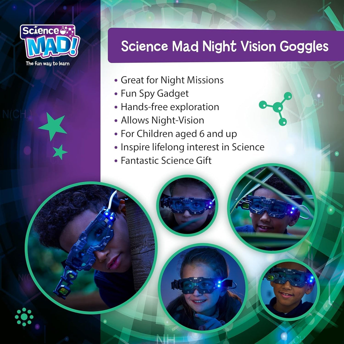 ! Night Vision Goggles for Kids - for Fun Night Missions - Lightweight, Flip Out Scope, 2X Magnification, Twin LED Beams, Blue Lenses, 6+ Years, ‎20 X 10 X 5.5 Cm (SM55) , Black