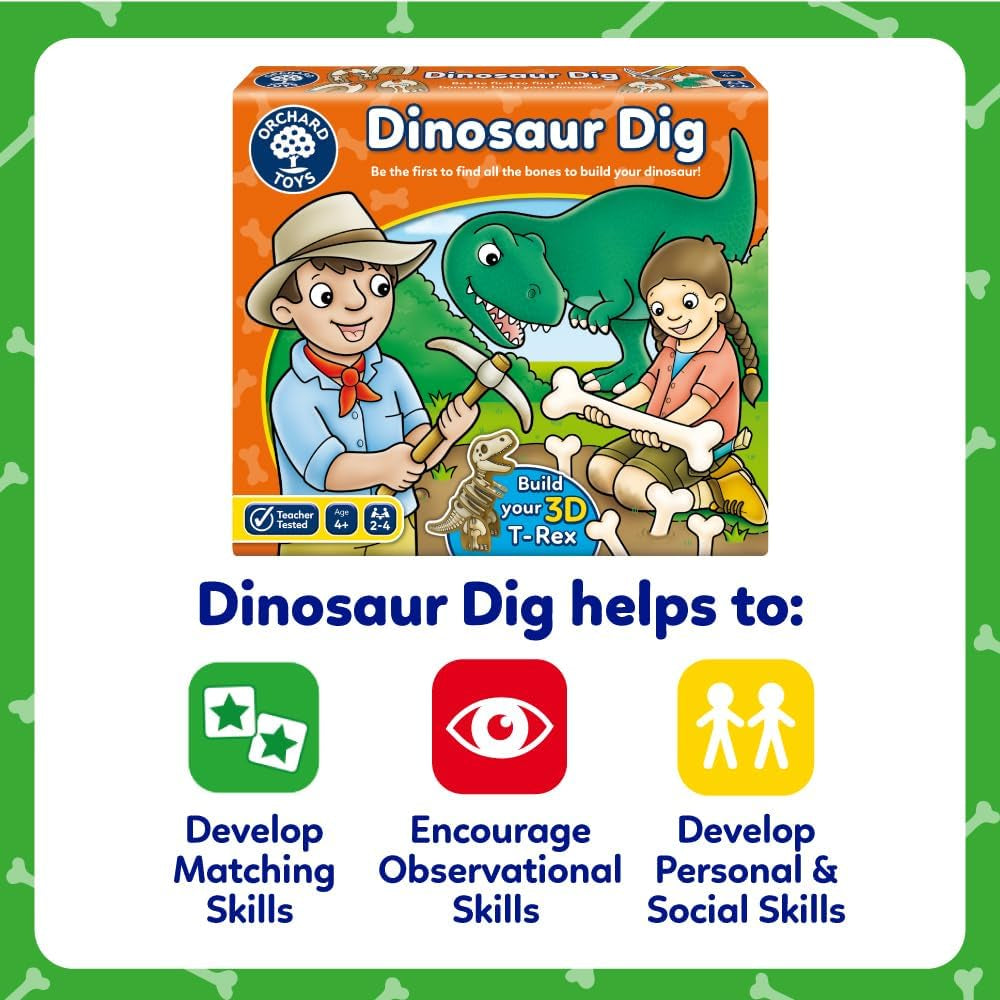 Dinosaur Dig Game - Matching and Memory Board Games for 4 Year Olds - Educational Dinosaur Toys for Boys and Girls - Build a 3D Dino - for Kids Age 4-8 - 2-4 Players