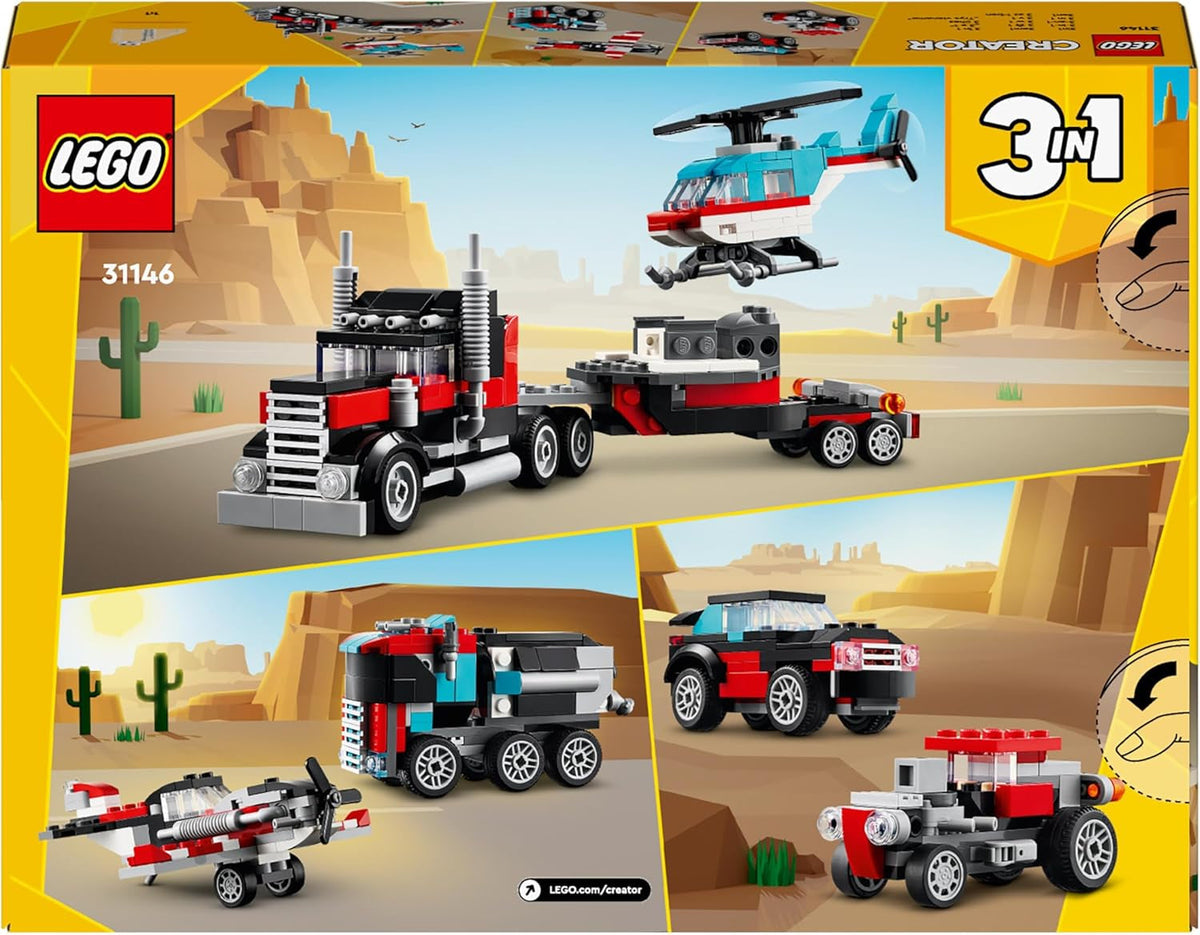 Creator 3In1 Flatbed Truck with Helicopter Toy to Propeller Plane and Fuel Lorry to Hot Rod and SUV Car Toys for 7 plus Year Old Boys, Girls and Kids Who Love Cool Vehicles, Gift Idea 31146