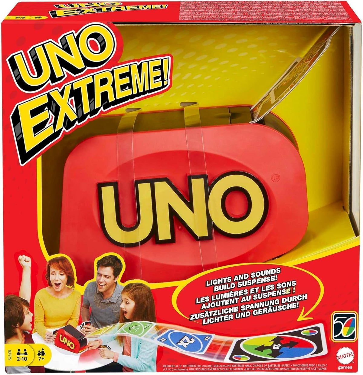 UNO Extreme Card Game Featuring Random-Action Launcher with Lights & Sounds & 112 Cards, Kid, Teen & Adult Game Night Gift Ages 7 Years & Older, GXY75