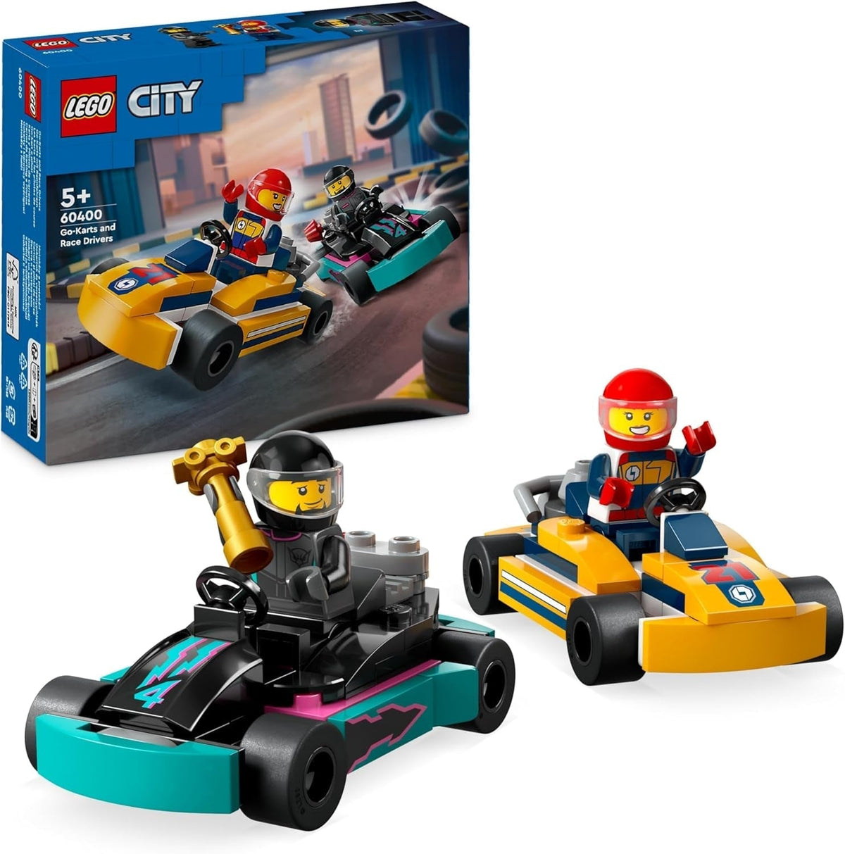 City Go-Karts and Race Drivers, Racing Vehicle Toy Playset for 5 plus Year Old Boys, Girls and Fans of Race Car Toys with 2 Driver Minifigures, Small Gift for Preschool Kids 60400