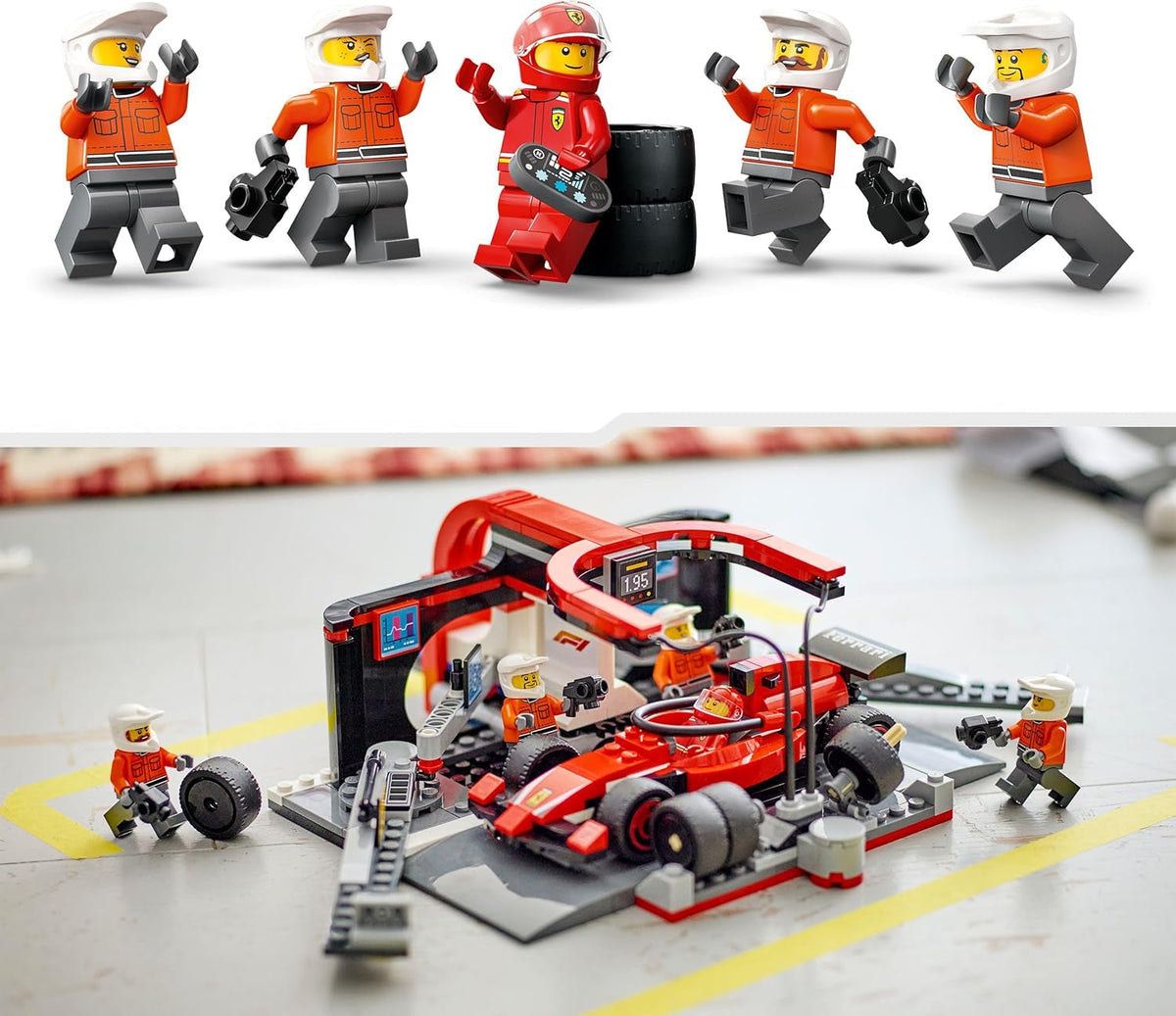 City F1 Pit Stop & Pit Crew with Ferrari Car Toy - Formula 1 Set Incl. a Driver Minifigure, 4 Mechanics, Spare Tyres & Wheel Guns - Building Toys for 6+ Year Old Boys & Girls - 60443