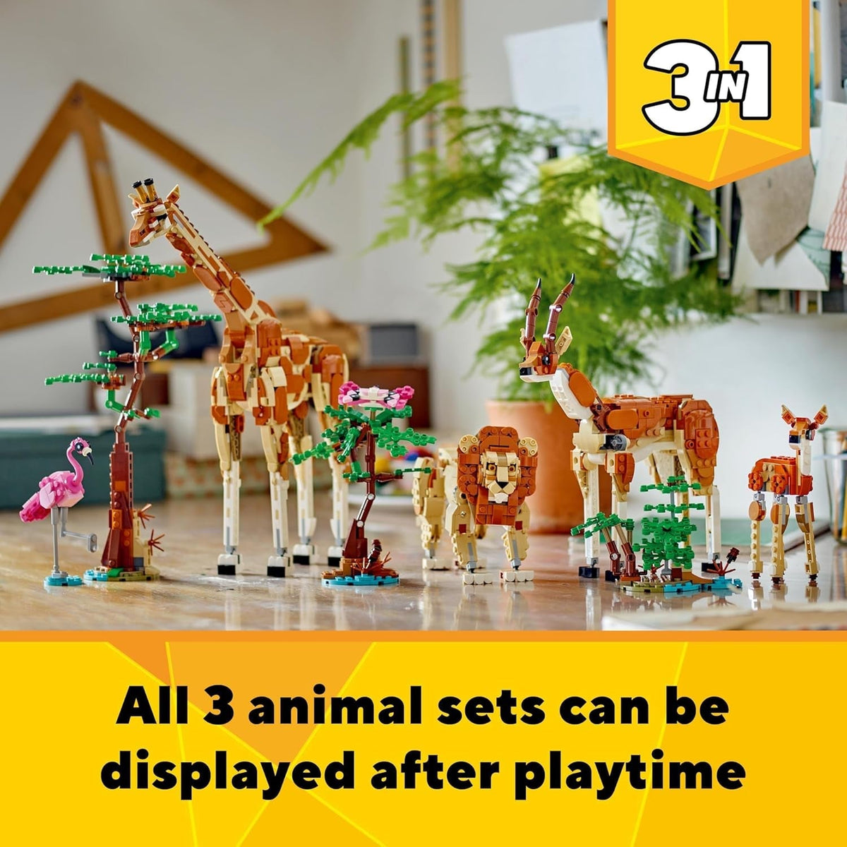 Creator 3In1 Wild Safari Animals, Giraffe Toy to Gazelle Figures to Lion Model, Set for Kids, Girls & Boys Aged 9 Plus, Includes Flamingo and Butterfly, Nature Gifts for Imaginative Play 31150