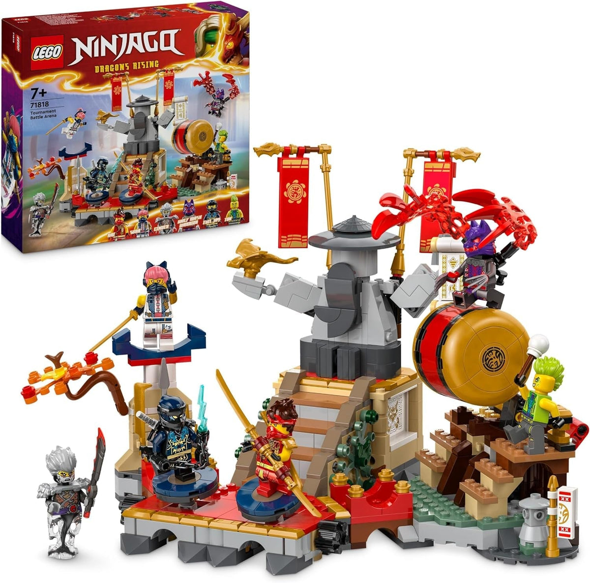 NINJAGO Tournament Battle Arena Set, Ninja Adventure Toys for 7 plus Year Old Boys & Girls, with 6 Minifigures Including Characters Jay and Kai, Dragons Rising Birthday Gift for Kids 71818