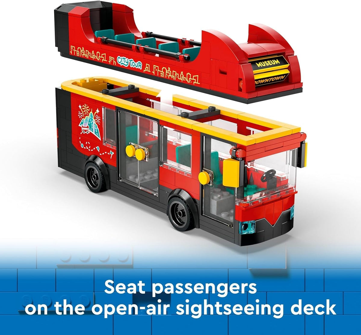 City Red Double-Decker Sightseeing Bus Toy, Red Vehicle for 7 plus Year Old Boys & Girls, Creative Set with 5 Minifigures Including a Baby and Buggy, Birthday Gift Idea 60407