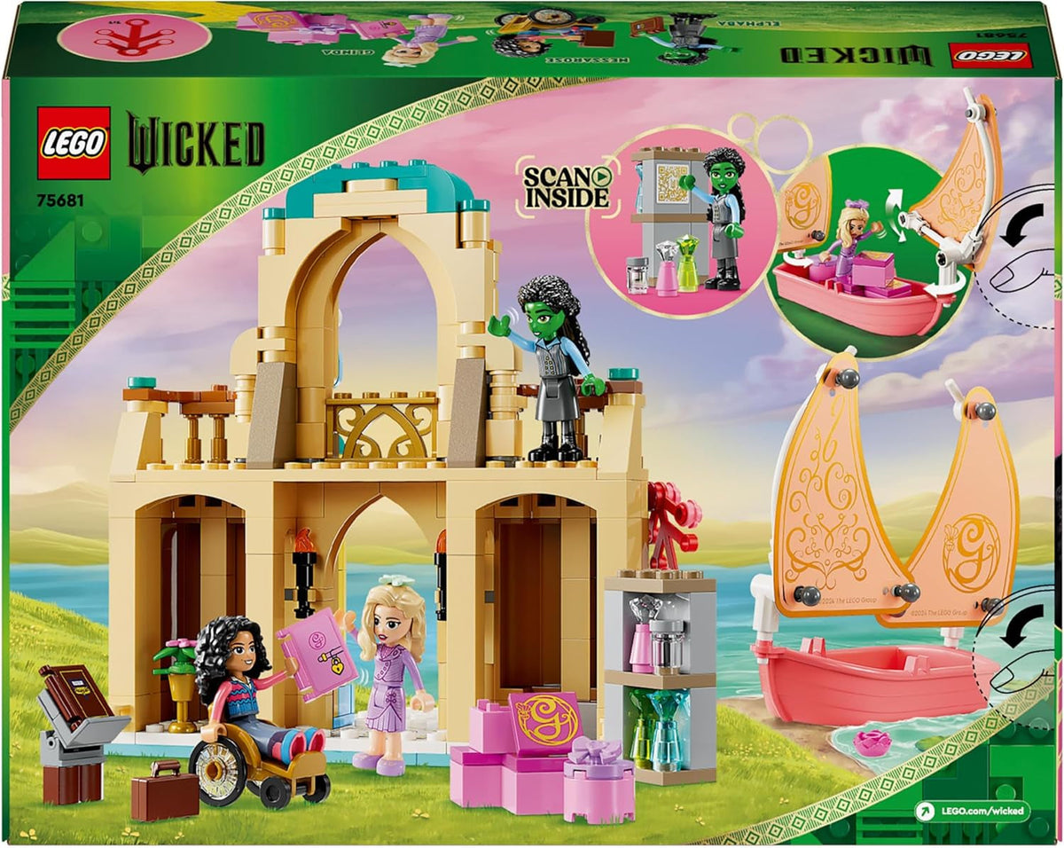 Wicked Glinda, Elphaba & Nessarose at Shiz University Building Set with Sailing Boat Toy and 3 Mini-Doll Figures, Movie Gift for 7 plus Year Old Girls & Boys Who Love Doll’S House Playsets 75681