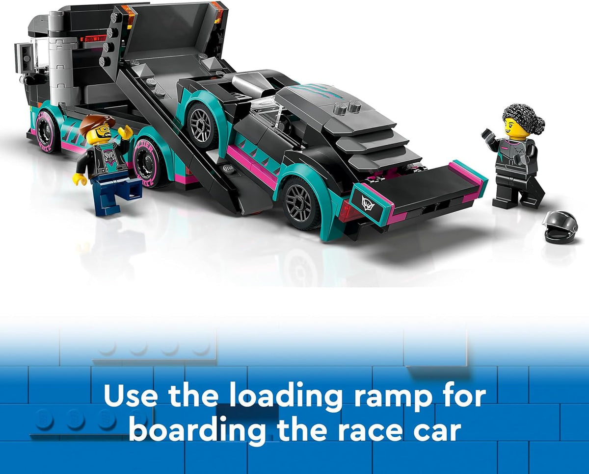 City Race Car and Car Carrier Truck Toy, Vehicle and Transporter Building Set for 6 plus Year Old Boys & Girls with Adjustable Loading Ramp, Racer and Driver Minifigures, Fun Gift for Kids 60406