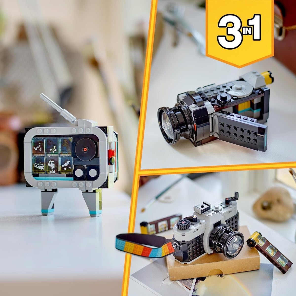 Creator 3In1 Retro Camera Toy to Video Camera to TV Set, Kids' Desk Decoration or Bedroom Accessories, Photography Gifts for Girls and Boys Aged 8 plus Years Old Who Enjoy Creative Play 31147