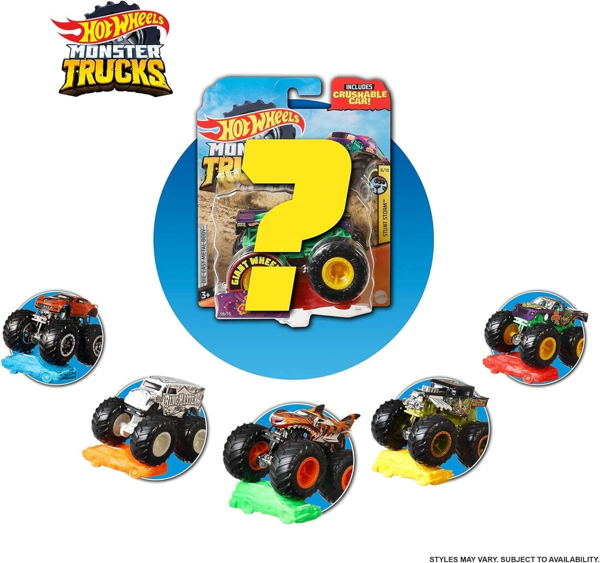 Monster Trucks Set, 1 Toy Truck in 1:64 Scale & 1 Crushable Car, Vehicle Play for Kids & Collectors (Styles May Vary), FYJ44