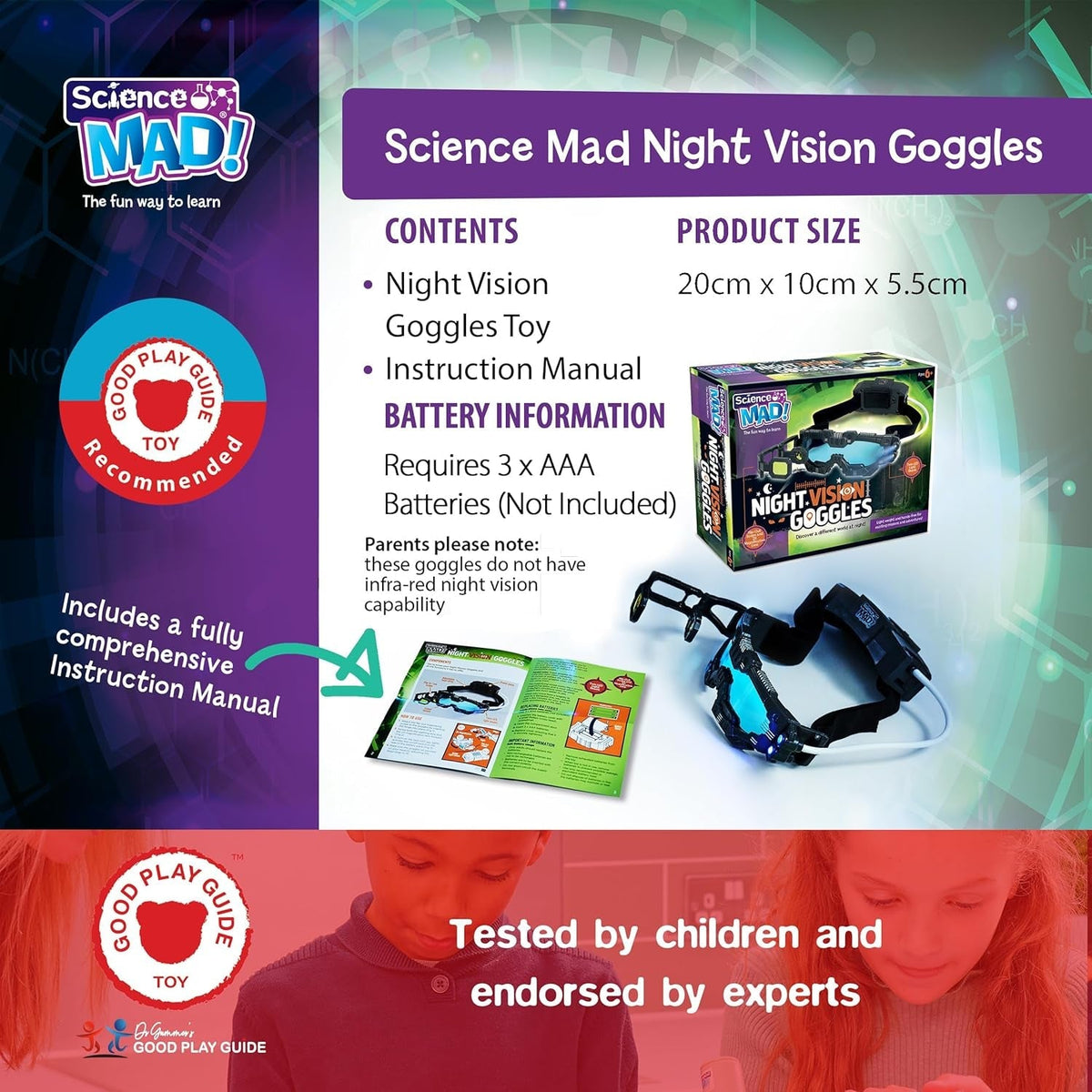 ! Night Vision Goggles for Kids - for Fun Night Missions - Lightweight, Flip Out Scope, 2X Magnification, Twin LED Beams, Blue Lenses, 6+ Years, ‎20 X 10 X 5.5 Cm (SM55) , Black