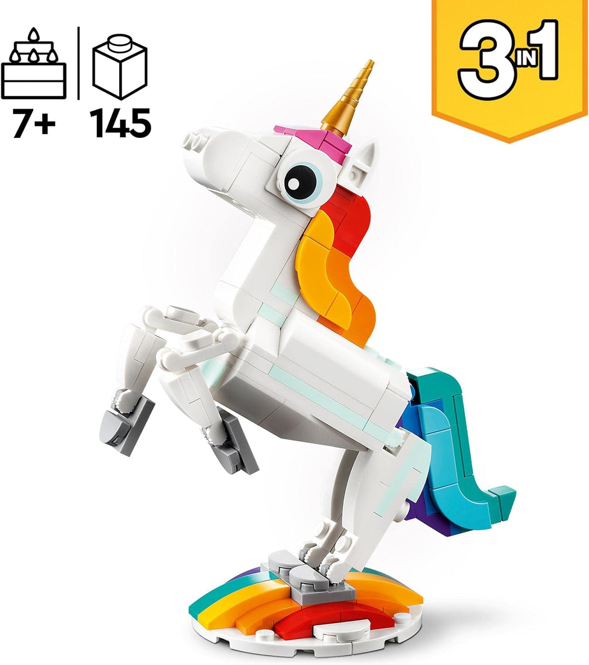 31140 Creator 3 in 1 Magical Unicorn Toy to Seahorse to Peacock, Rainbow Animal Figures, Unicorn Gift for Girls and Boys, Buildable Toys