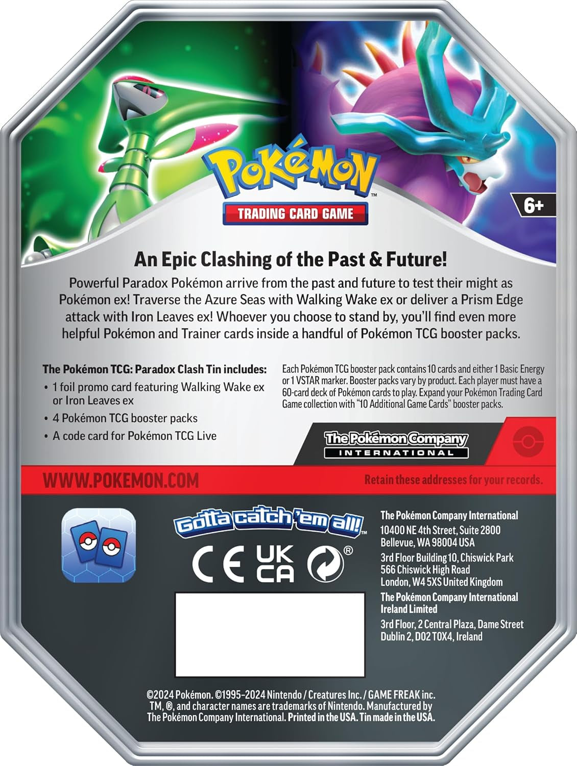 TCG: Paradox Clash Tin - Walking Wake Ex (1 Foil Promo Card & 4  TCG Booster Packs)