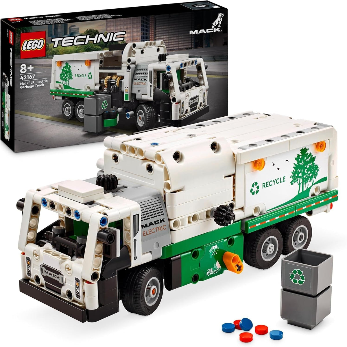 Technic Mack LR Electric Garbage Truck Toy for Boys & Girls Aged 8 plus Years Old, Recycling Bin Lorry with Realistic Features, Vehicle Gift Idea 42167