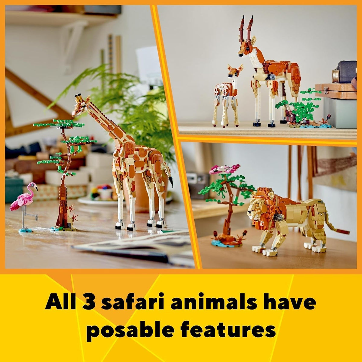 Creator 3In1 Wild Safari Animals, Giraffe Toy to Gazelle Figures to Lion Model, Set for Kids, Girls & Boys Aged 9 Plus, Includes Flamingo and Butterfly, Nature Gifts for Imaginative Play 31150