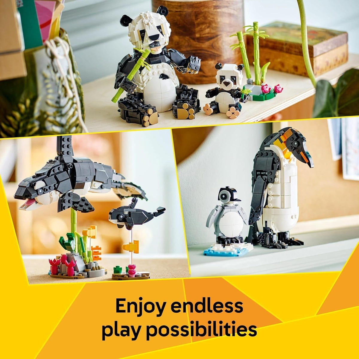 Creator 3In1 Wild Animals: Panda Family Toy - Transforms into Penguin Figures or Orca Whale Toys - Building Set for Nature-Loving 8+ Year Old Girls & Boys - Creative Birthday Gift - 31165