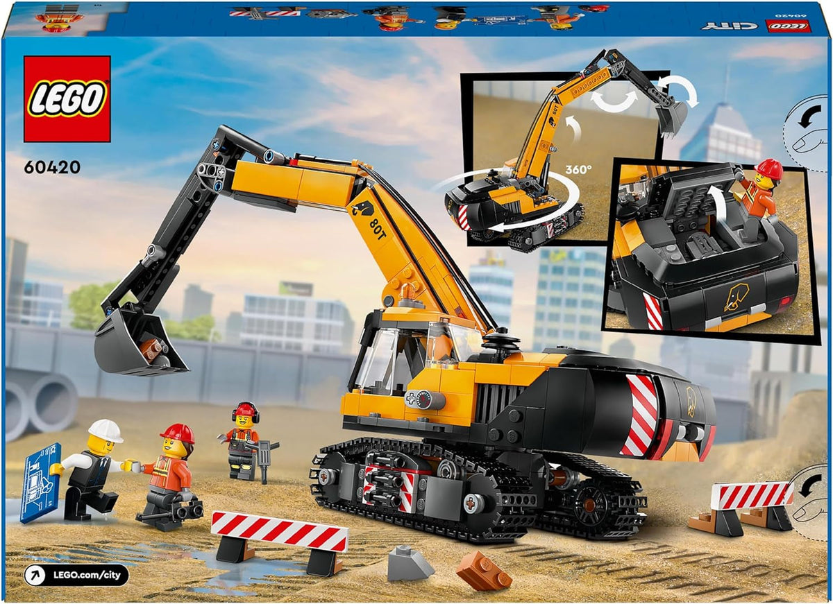 City Yellow Construction Excavator Toy Digger for 8 plus Year Old Boys, Girls & Kids, Vehicle Set with Driver, Worker and Architect Minifigures for Fun Role Play, Birthday Gift Idea 60420