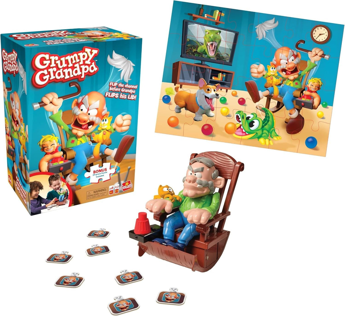 Grumpy Grandpa Game - Flip the Channel before Grandpa Flips His Lid - Ages 4 and Up, 2-4 Players - Includes a 24-Piece Puzzle