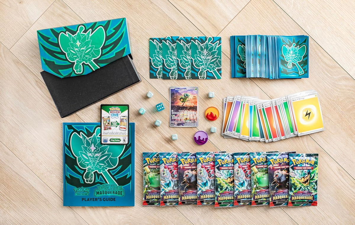 TCG: Scarlet & Violet—Twilight Masquerade Elite Trainer Box (1 Full-Art Teal Mask Ogerpon Promo Card, 9 Boosters & Premium Accessories)