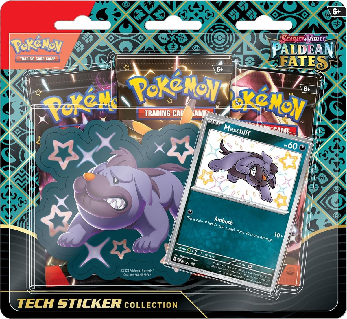 TCG: Scarlet & Violet—Paldean Fates Tech Sticker Collection – Maschiff (1 Foil Promo Card & 3 Booster Packs)