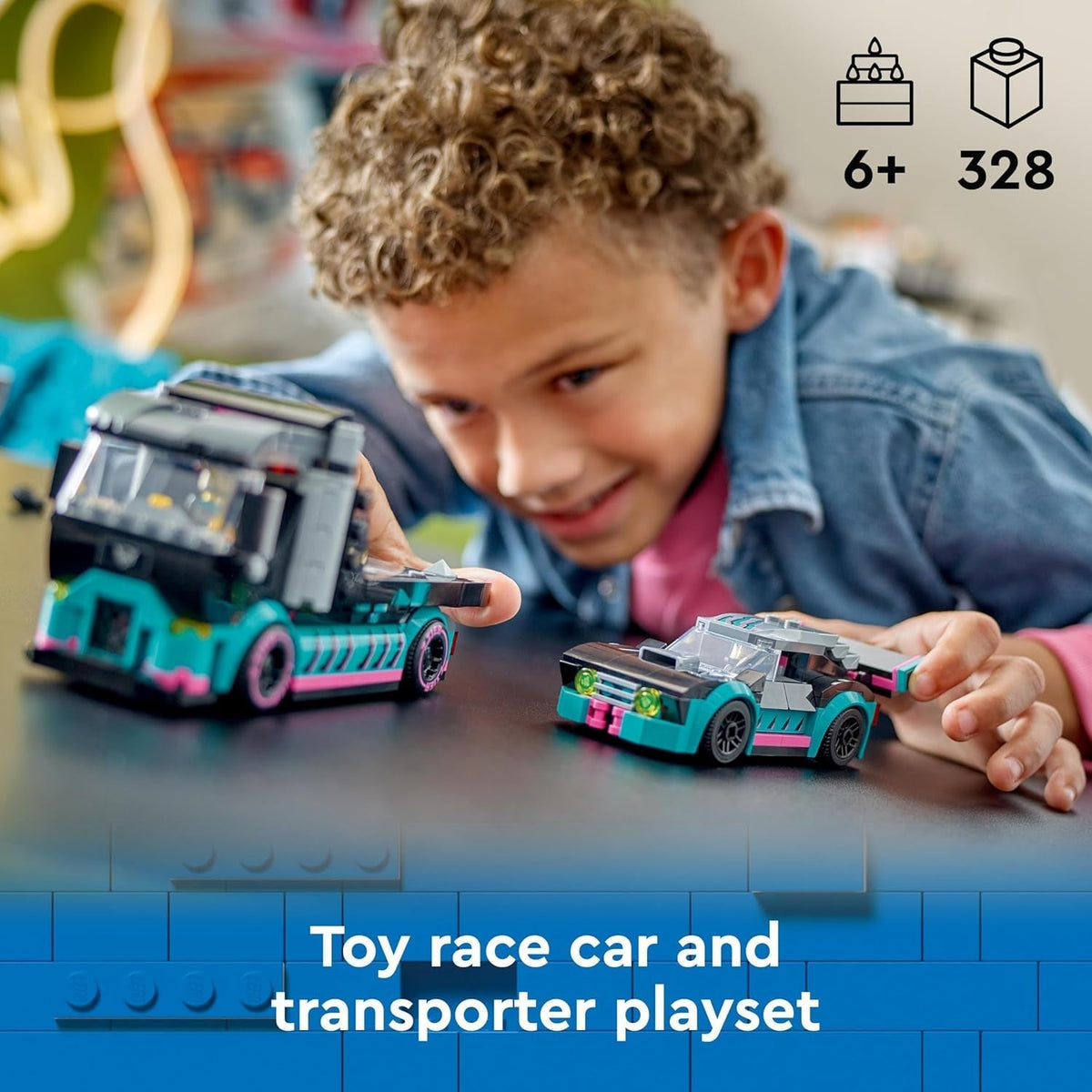 City Race Car and Car Carrier Truck Toy, Vehicle and Transporter Building Set for 6 plus Year Old Boys & Girls with Adjustable Loading Ramp, Racer and Driver Minifigures, Fun Gift for Kids 60406