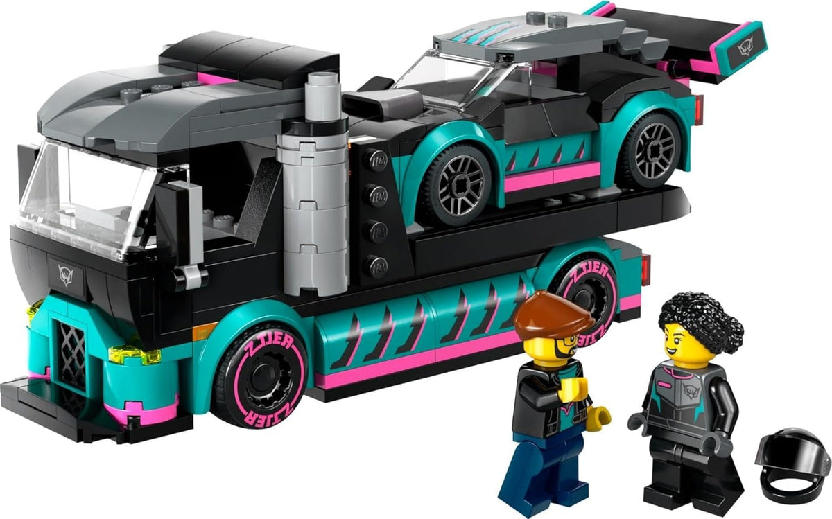 City Race Car and Car Carrier Truck Toy, Vehicle and Transporter Building Set for 6 plus Year Old Boys & Girls with Adjustable Loading Ramp, Racer and Driver Minifigures, Fun Gift for Kids 60406