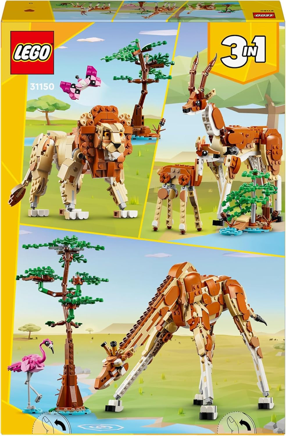 Creator 3In1 Wild Safari Animals, Giraffe Toy to Gazelle Figures to Lion Model, Set for Kids, Girls & Boys Aged 9 Plus, Includes Flamingo and Butterfly, Nature Gifts for Imaginative Play 31150