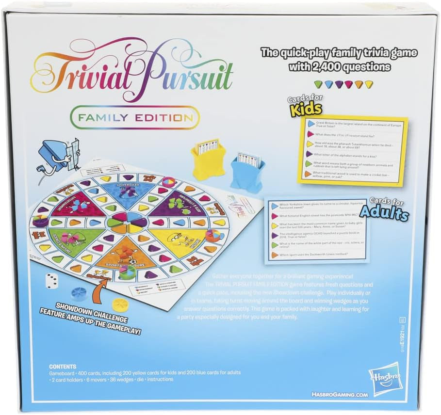 Trivial Pursuit, Family Edition, Trivia Board Game for 2 Players or More, Party Games for 8+ Year Old Boys and Girls