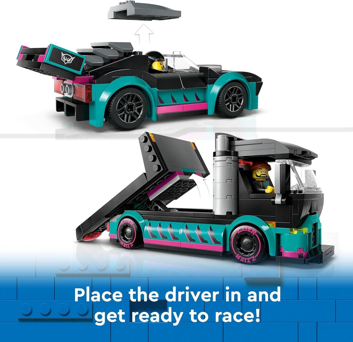 City Race Car and Car Carrier Truck Toy, Vehicle and Transporter Building Set for 6 plus Year Old Boys & Girls with Adjustable Loading Ramp, Racer and Driver Minifigures, Fun Gift for Kids 60406