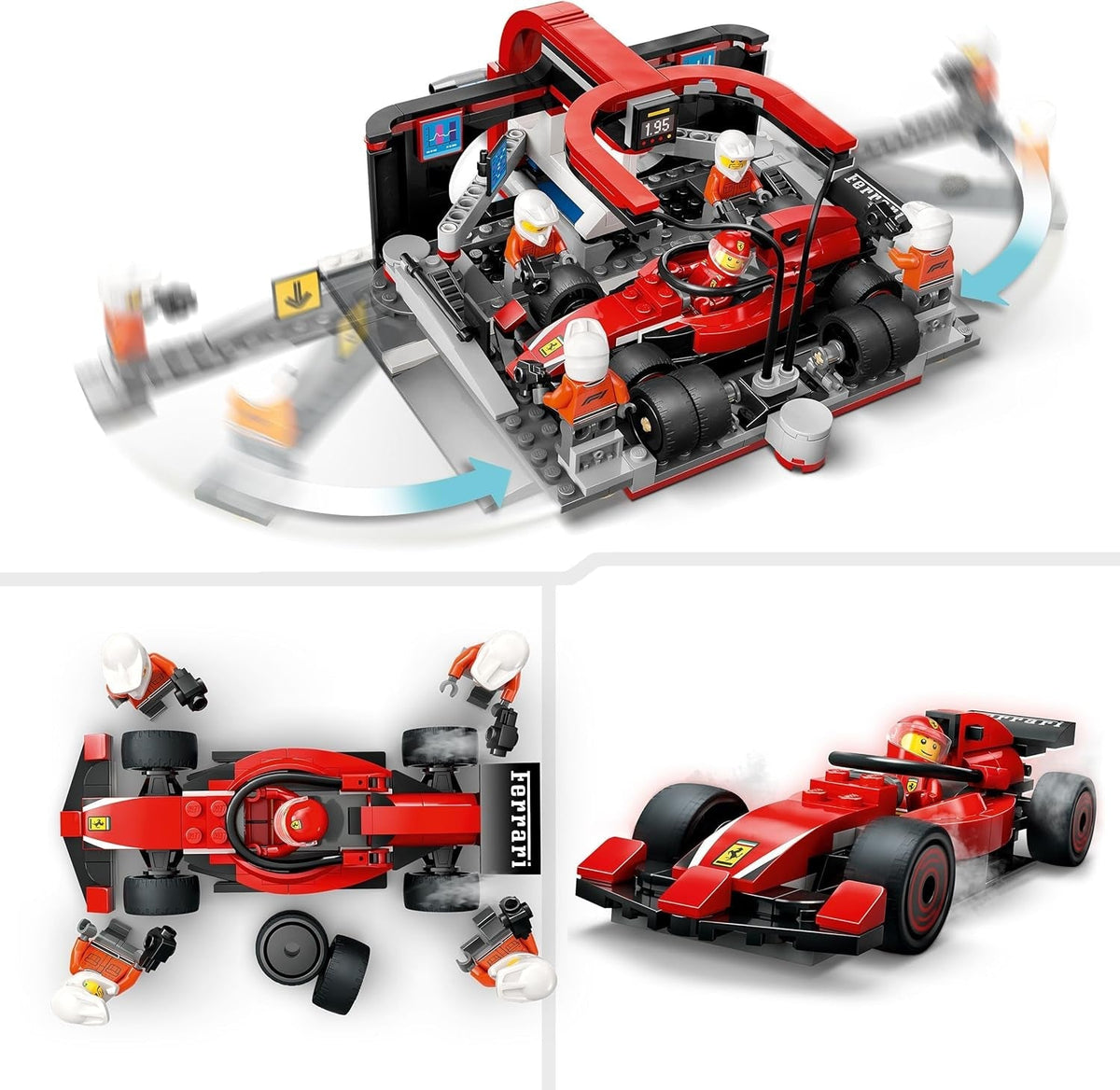 City F1 Pit Stop & Pit Crew with Ferrari Car Toy - Formula 1 Set Incl. a Driver Minifigure, 4 Mechanics, Spare Tyres & Wheel Guns - Building Toys for 6+ Year Old Boys & Girls - 60443
