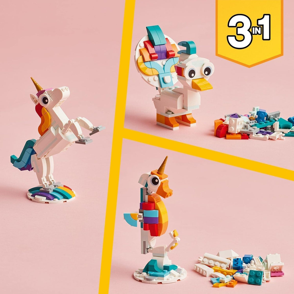 31140 Creator 3 in 1 Magical Unicorn Toy to Seahorse to Peacock, Rainbow Animal Figures, Unicorn Gift for Girls and Boys, Buildable Toys