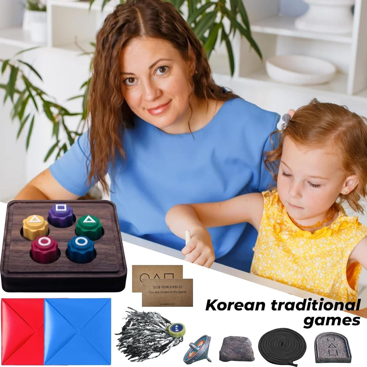 Gonggi Korean Game Set, Fun Traditional Korean Folk Games Set Including Jebi Chagi,Gong-Gi,Biseokchigi,Paeng-Y and Ddakji,Six-Legged Pentathlon Game for Squid TV Fans and Family Travel Party
