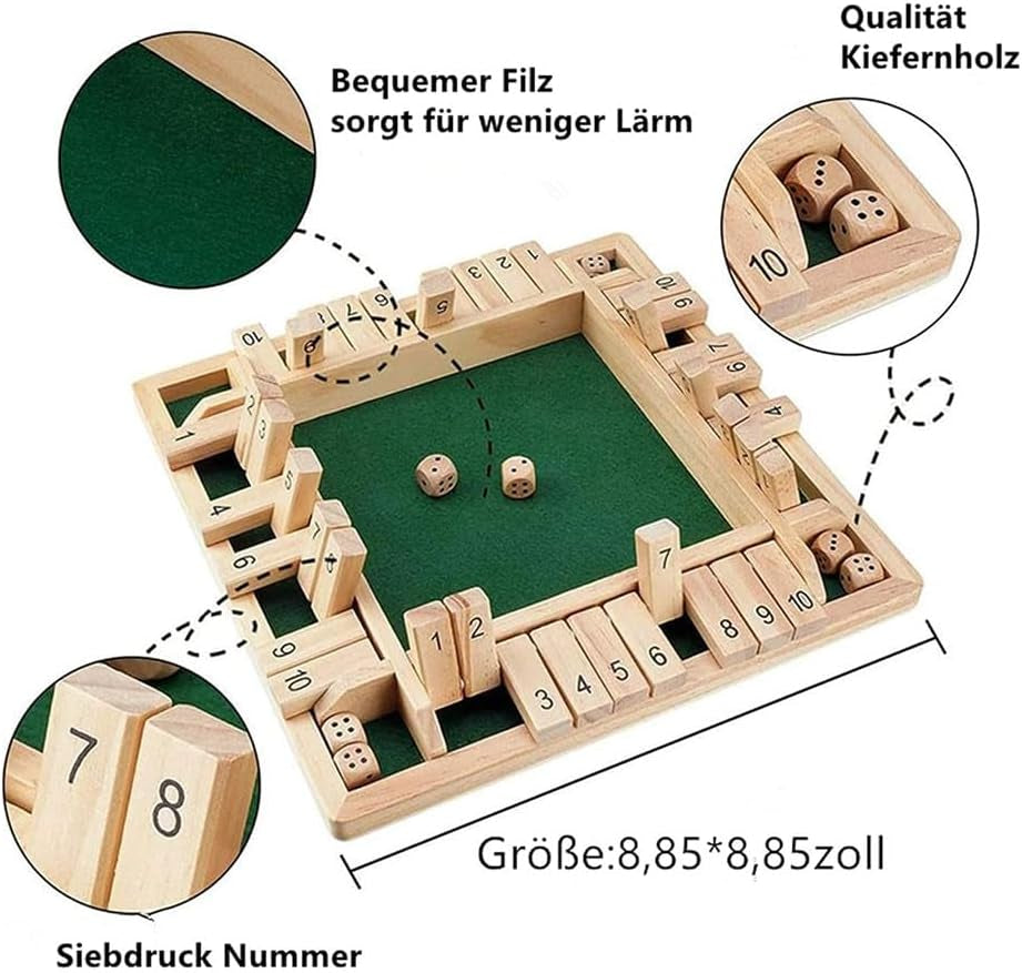 Wooden Board Game, 4 Player Shut the Box Game Dice Game Wooden Math Traditional Pub Board Dice Game Travel 4 Players Great Family Board Games Holiday Fun Game