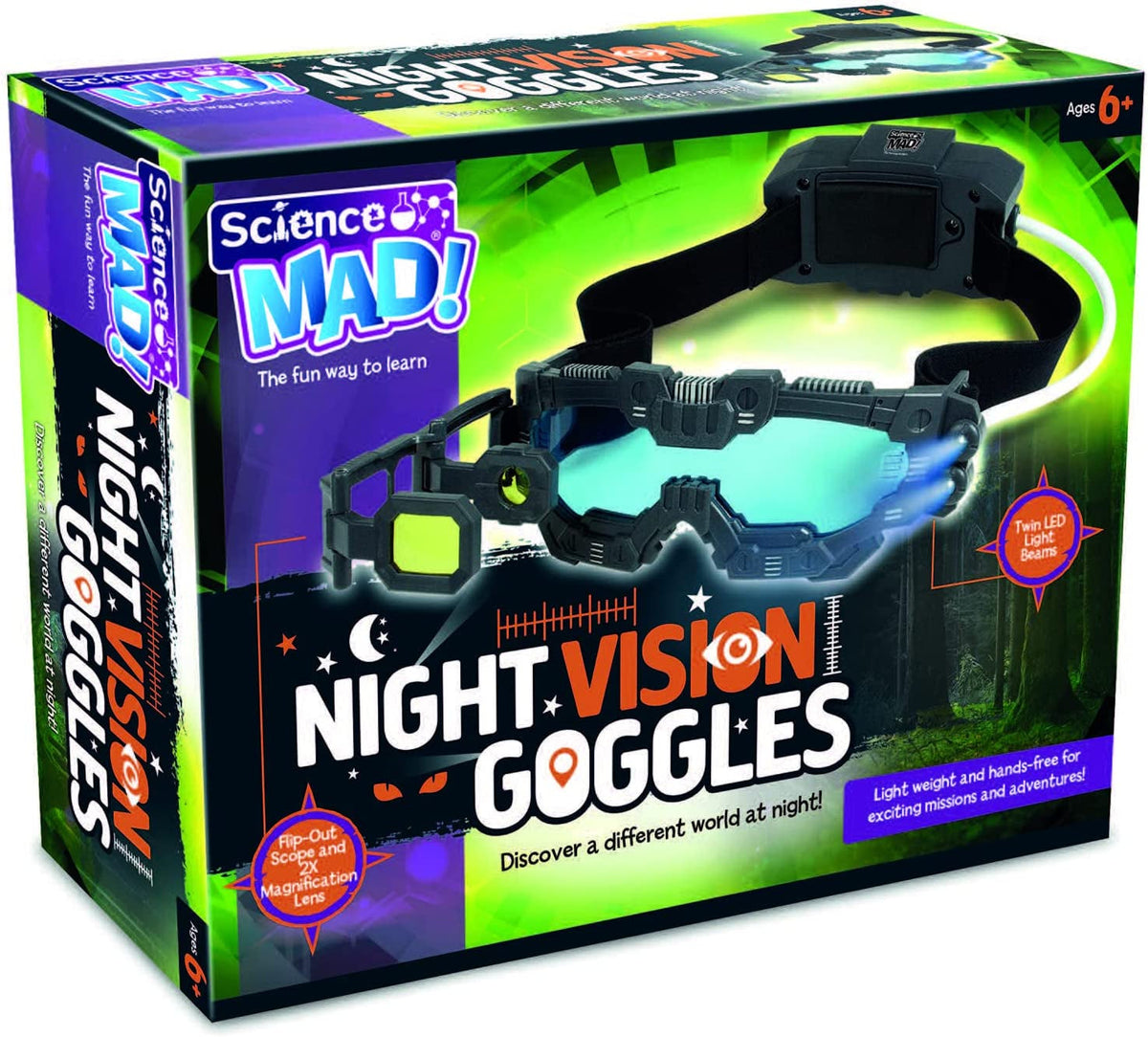 ! Night Vision Goggles for Kids - for Fun Night Missions - Lightweight, Flip Out Scope, 2X Magnification, Twin LED Beams, Blue Lenses, 6+ Years, ‎20 X 10 X 5.5 Cm (SM55) , Black
