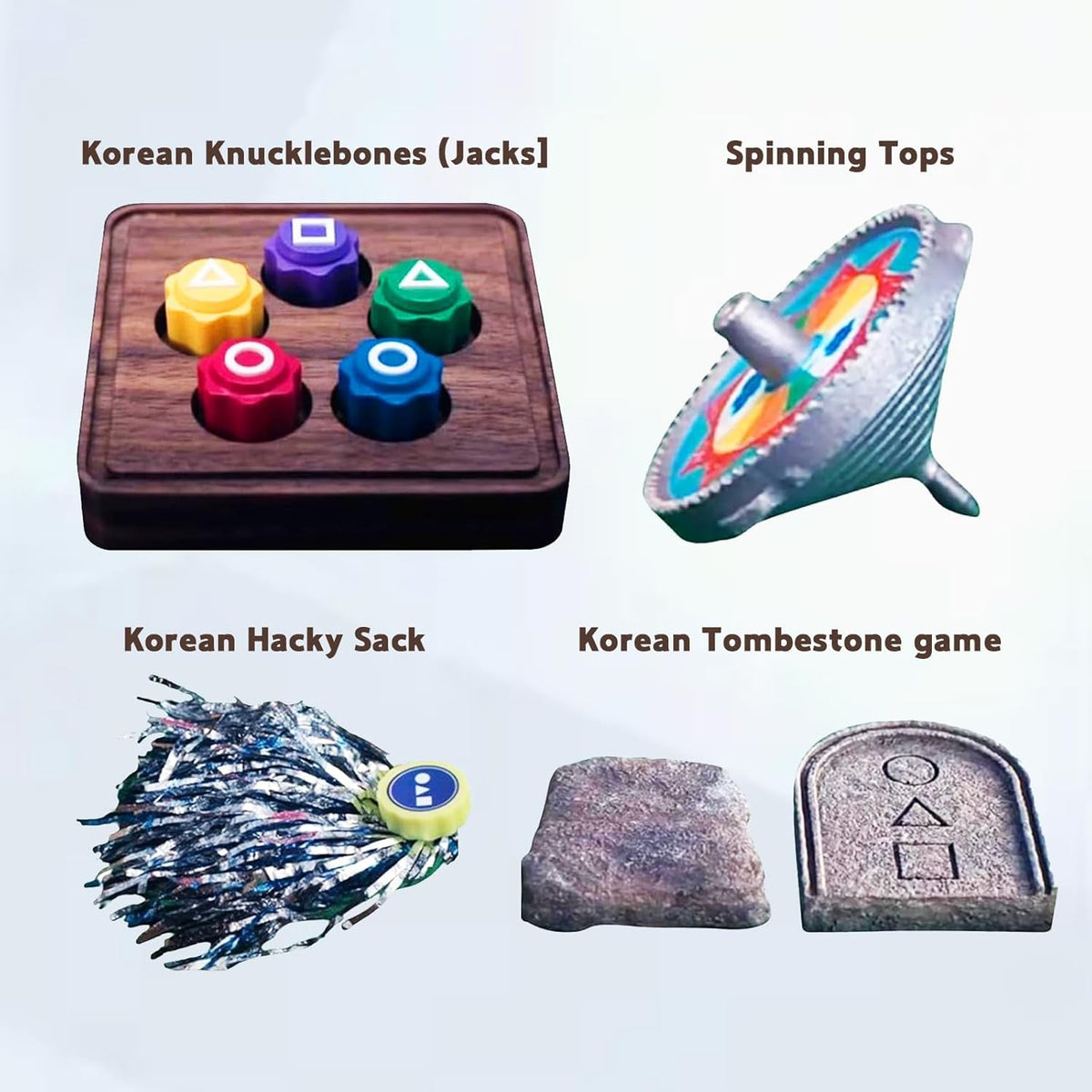 Gonggi Korean Game Set, 10PCS Korean Traditional Reflex Challenge Play Game, Including Jebi, Chagi Gong-Gi, and DDAKJI, Korean Folk Classic Mini Grasping Stones Hand-Eye Coordination Games for Fun